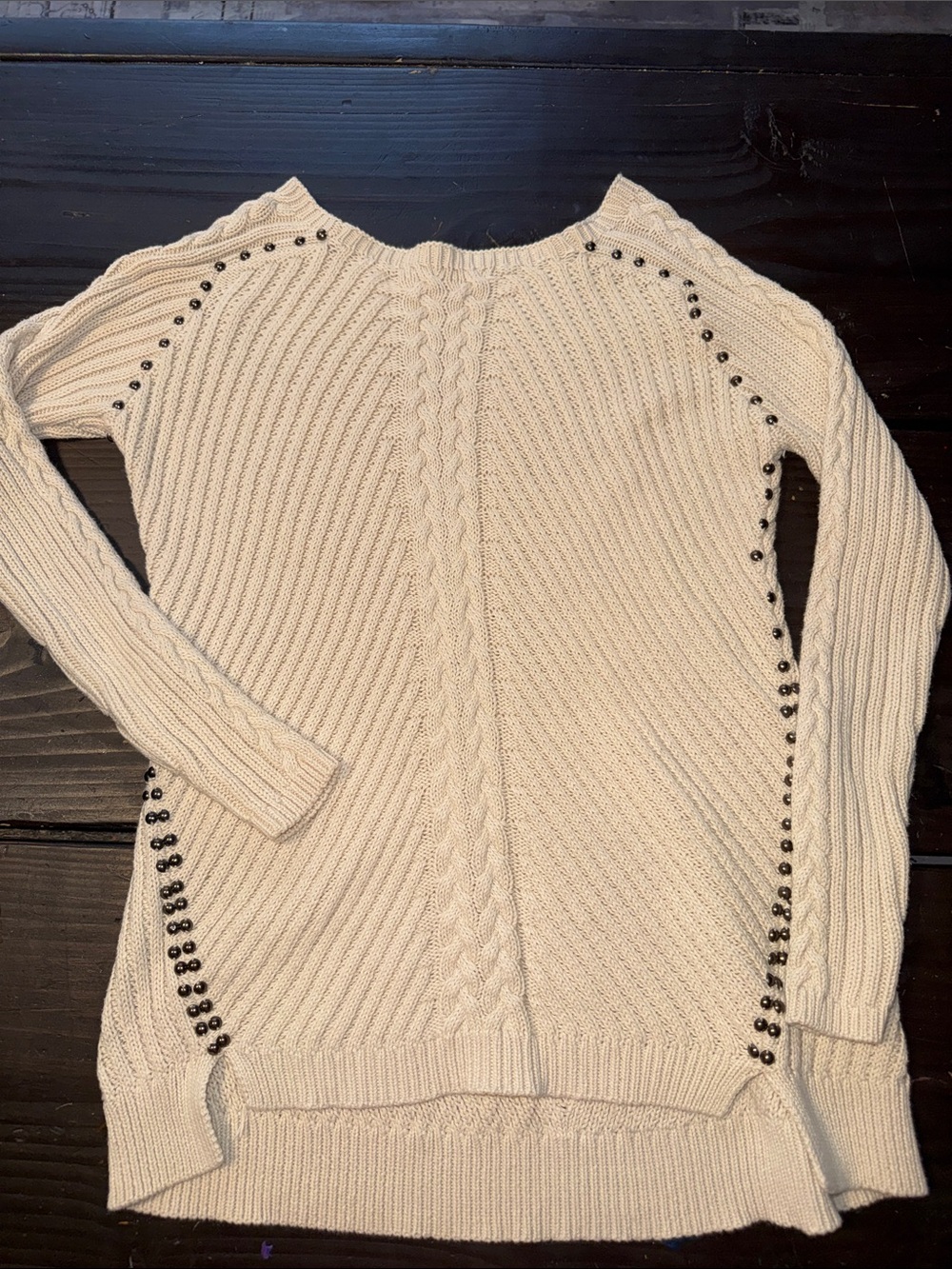 Philosophy Cream Cable-Knit Crewneck Sweater with Stud Accents